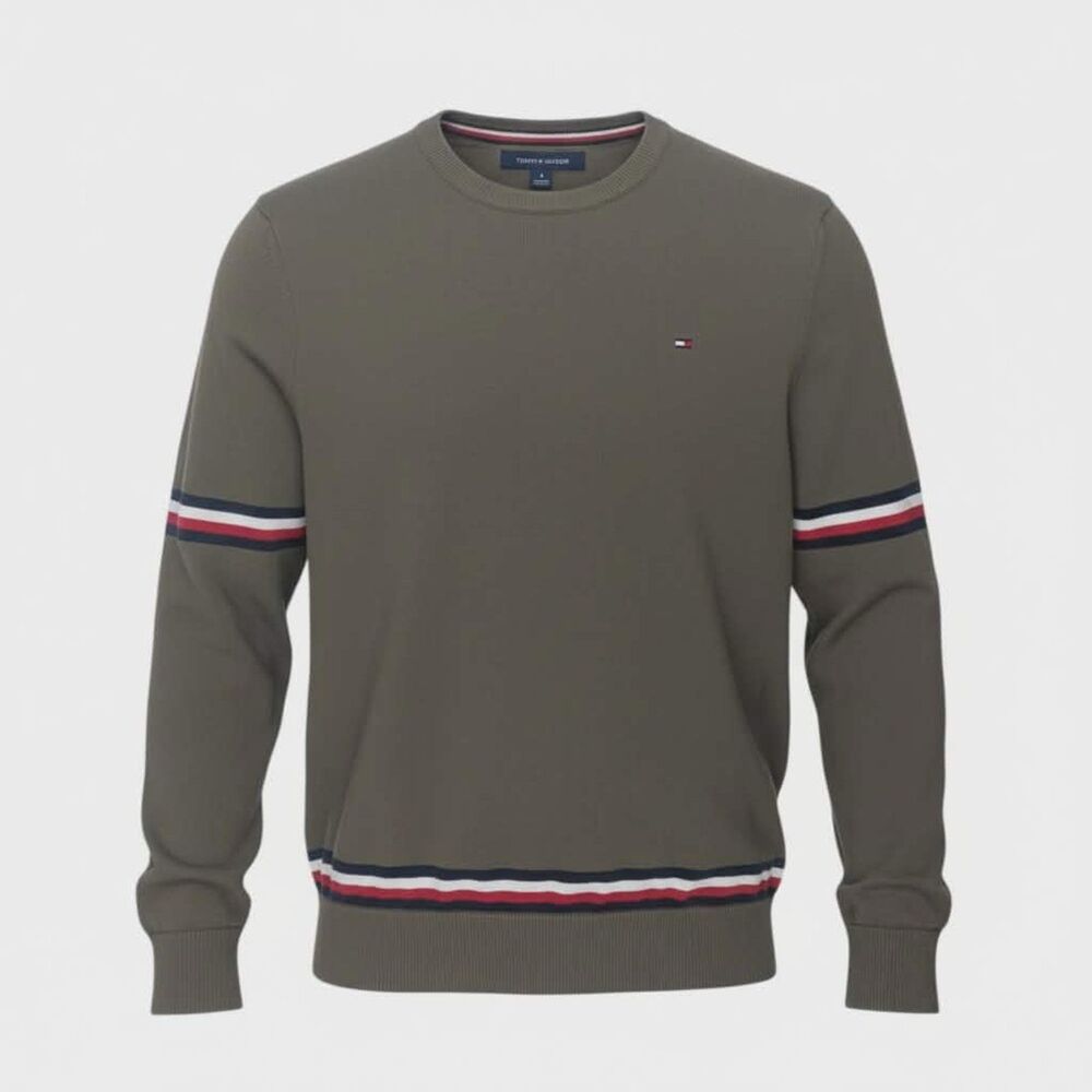 Tommy Hilfiger Olive Crewneck Sweater | Striped Trim | M | Preppy Old Money